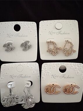 Women's Crystal Fashion Earrings - Silver & Gold Set Of 4